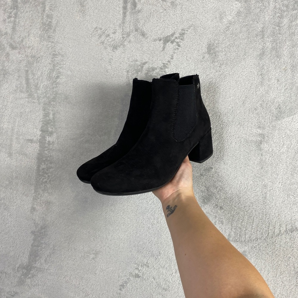 Rieker Womens Black Faux Suede Chelsea Block Heel Ankle Boots Size 41 EU 10 US